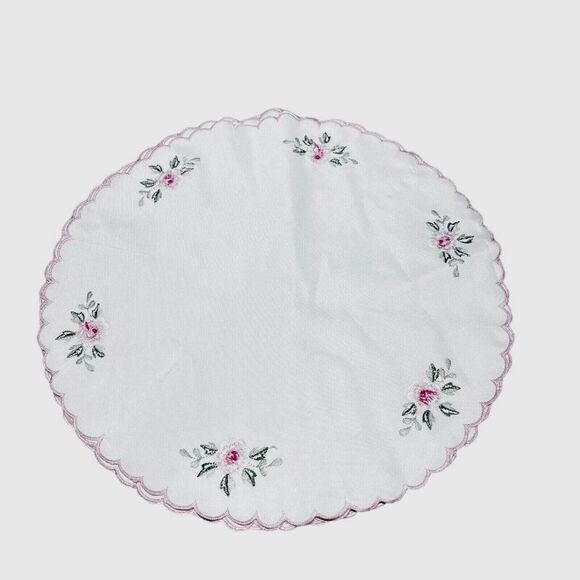 Vintage Embroidered Linen Floral Bread Basket Liner Pink Roses With Snaps - Picture 1 of 4